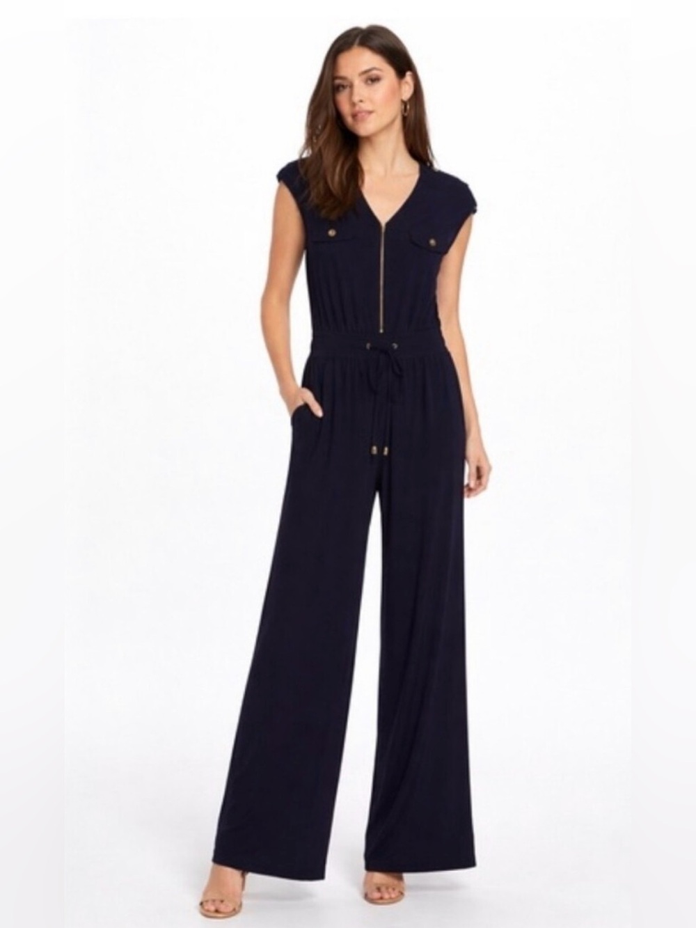 Emma & Michele Navy Zip-Front Wide-Leg Jumpsuit XL